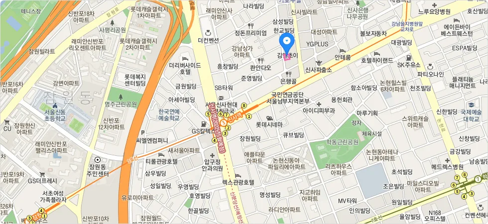 카카오 지도 API 적용 예시 — 신사역 인근 회사 위치 마커 표시